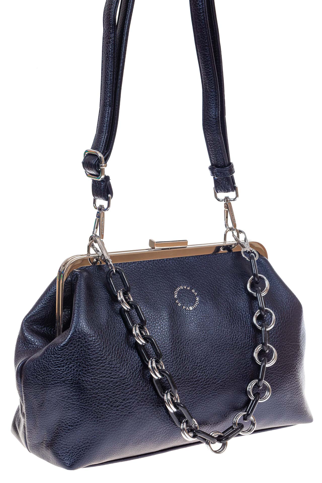 На фото 2 - Вечерняя женская сумка с фермуаром из мягкой экокожи, цвет синий