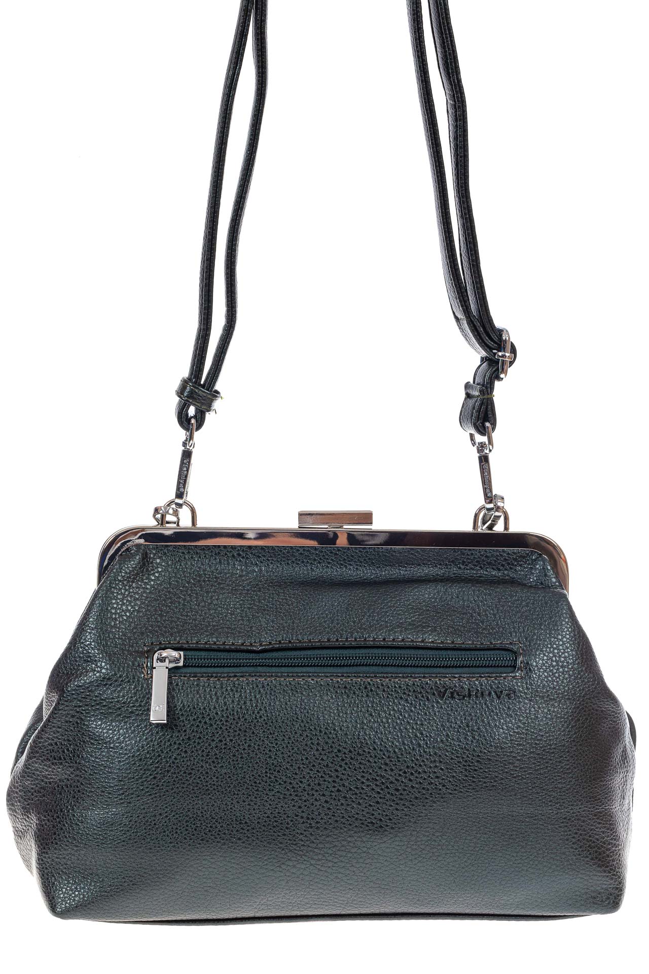 На фото 3 - Вечерняя женская сумка с фермуаром из мягкой экокожи, цвет темно-зеленый