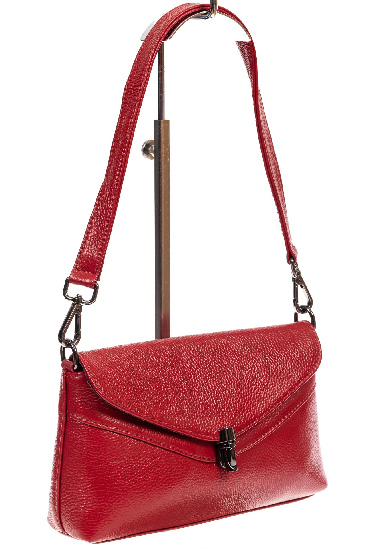На фото 1 - Женская маленькая сумка из фактурной натуральной кожи, цвет красный