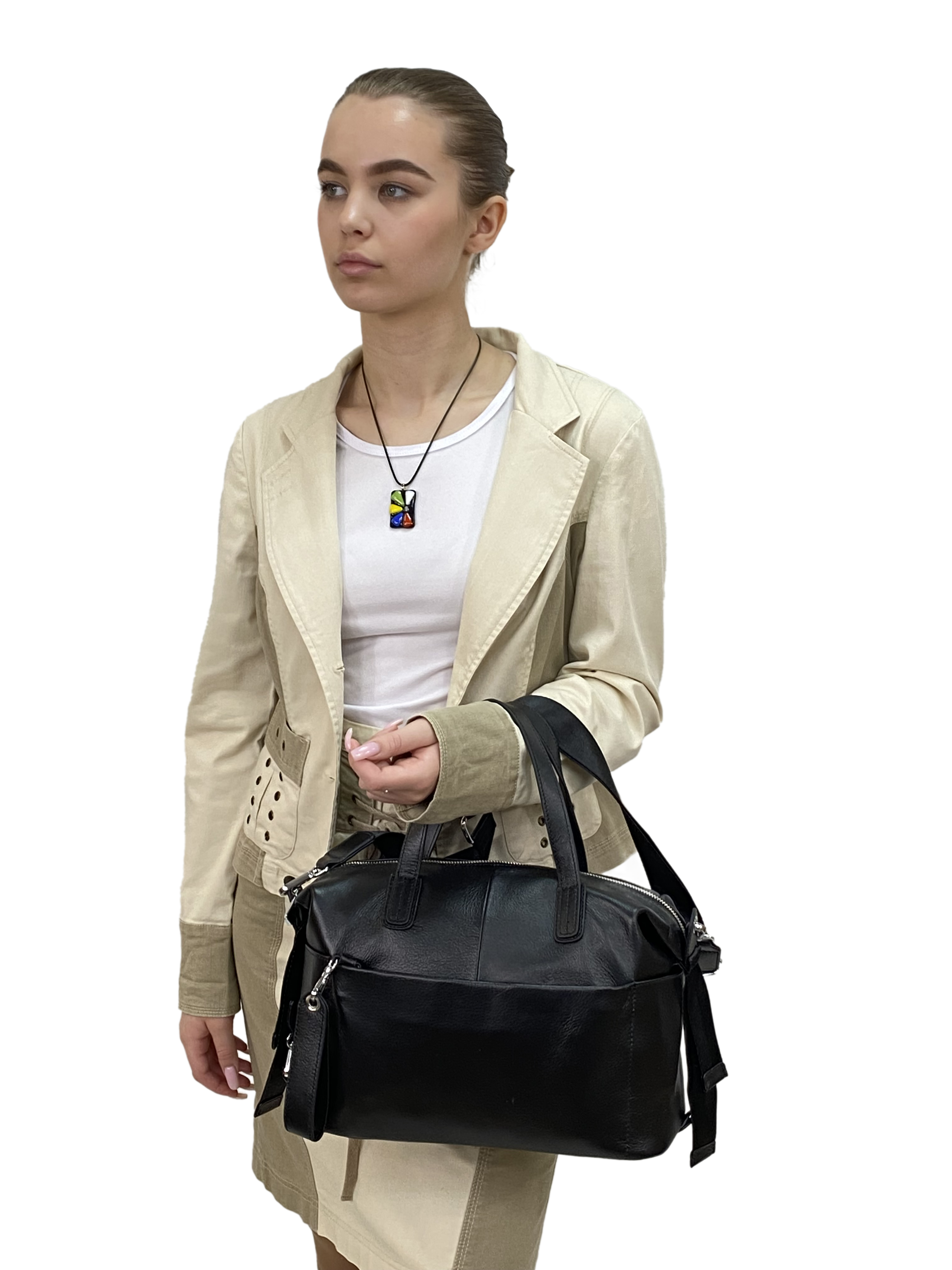 На фото 2 - Женская сумка трапеция из натуральной кожи, цвет черный