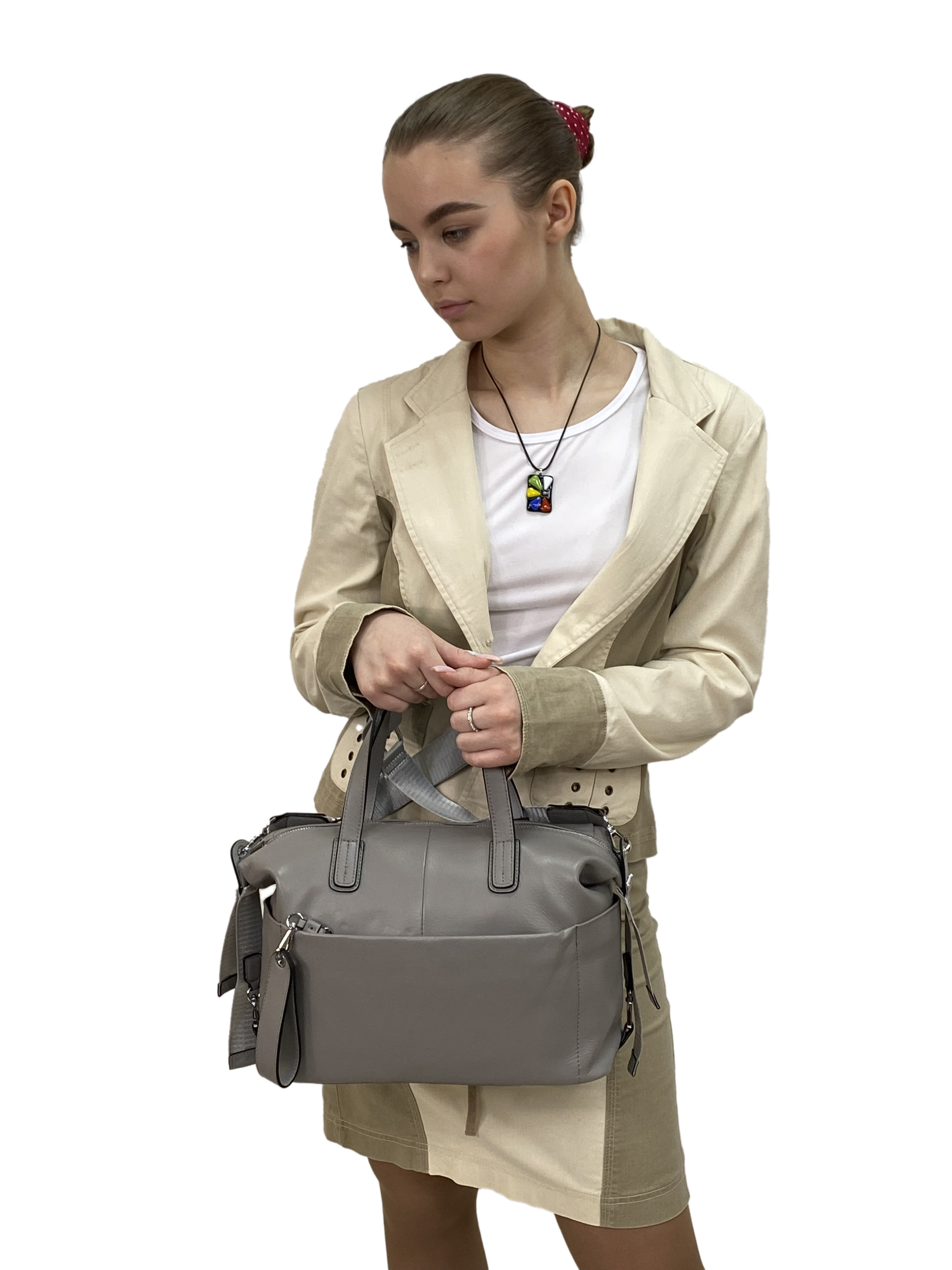 На фото 3 - Женская сумка трапеция из натуральной кожи, цвет  серый