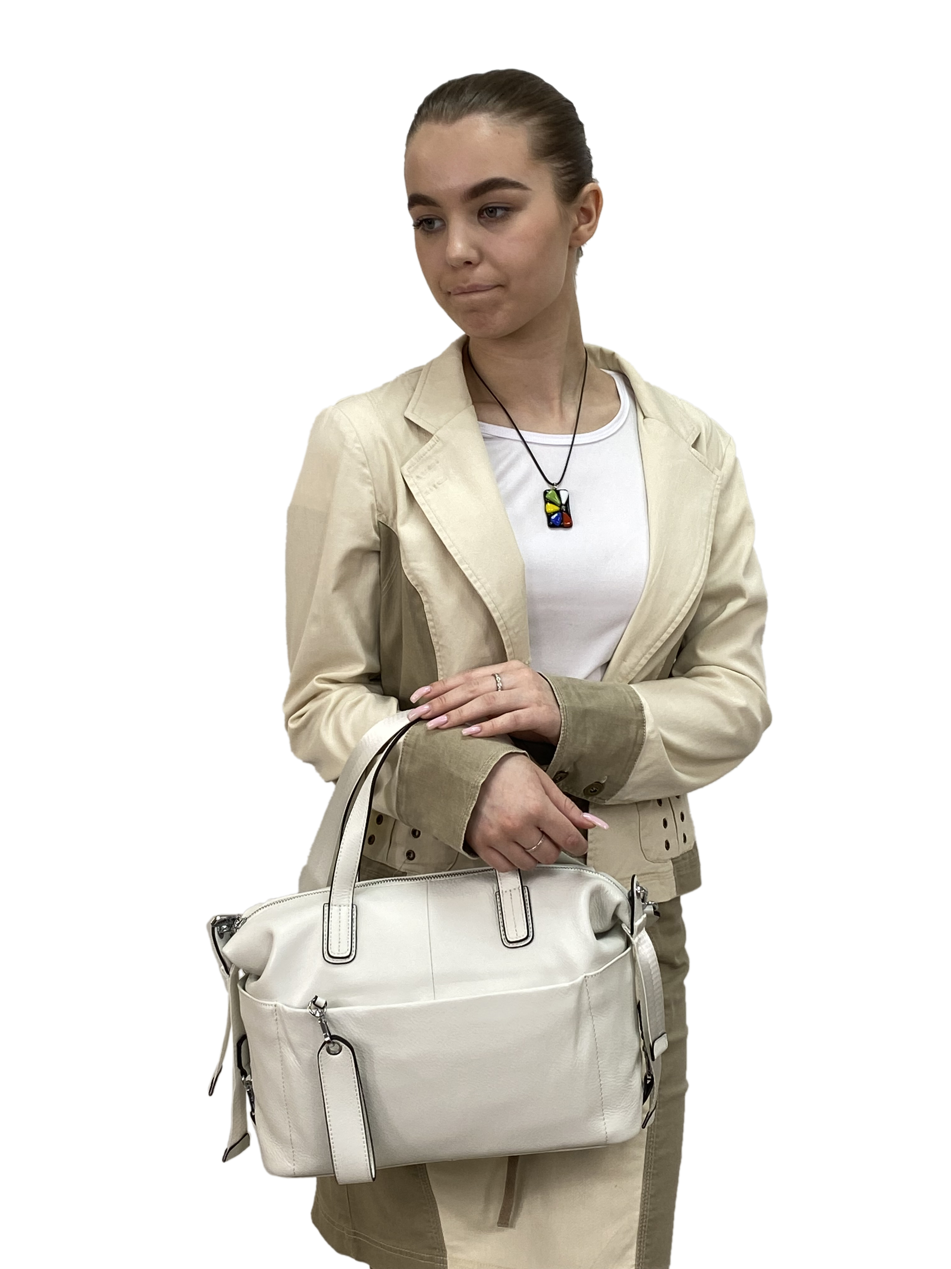 На фото 2 - Женская сумка трапеция из натуральной кожи, цвет белый