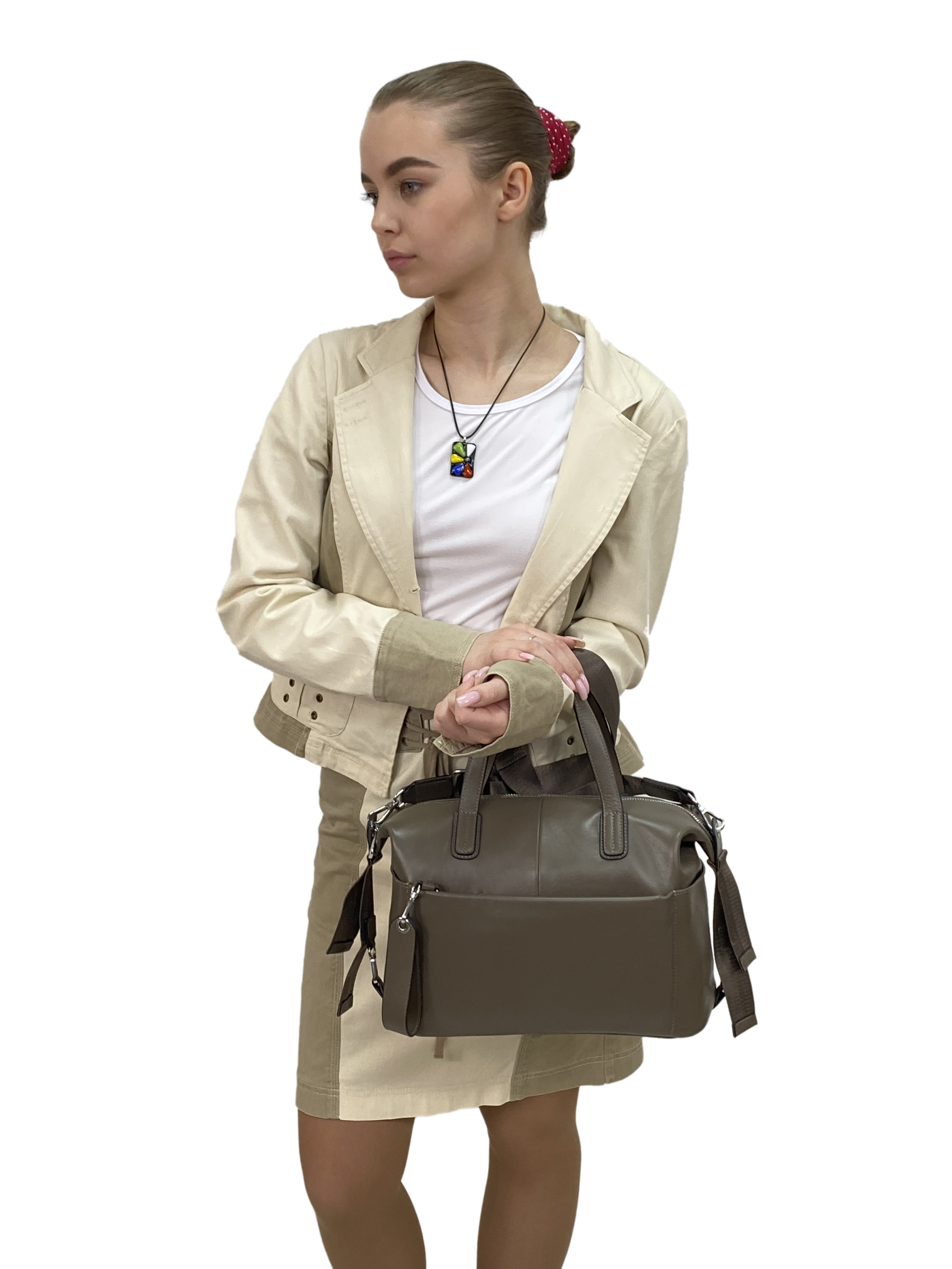 На фото 3 - Женская сумка трапеция из натуральной кожи, цвет хаки