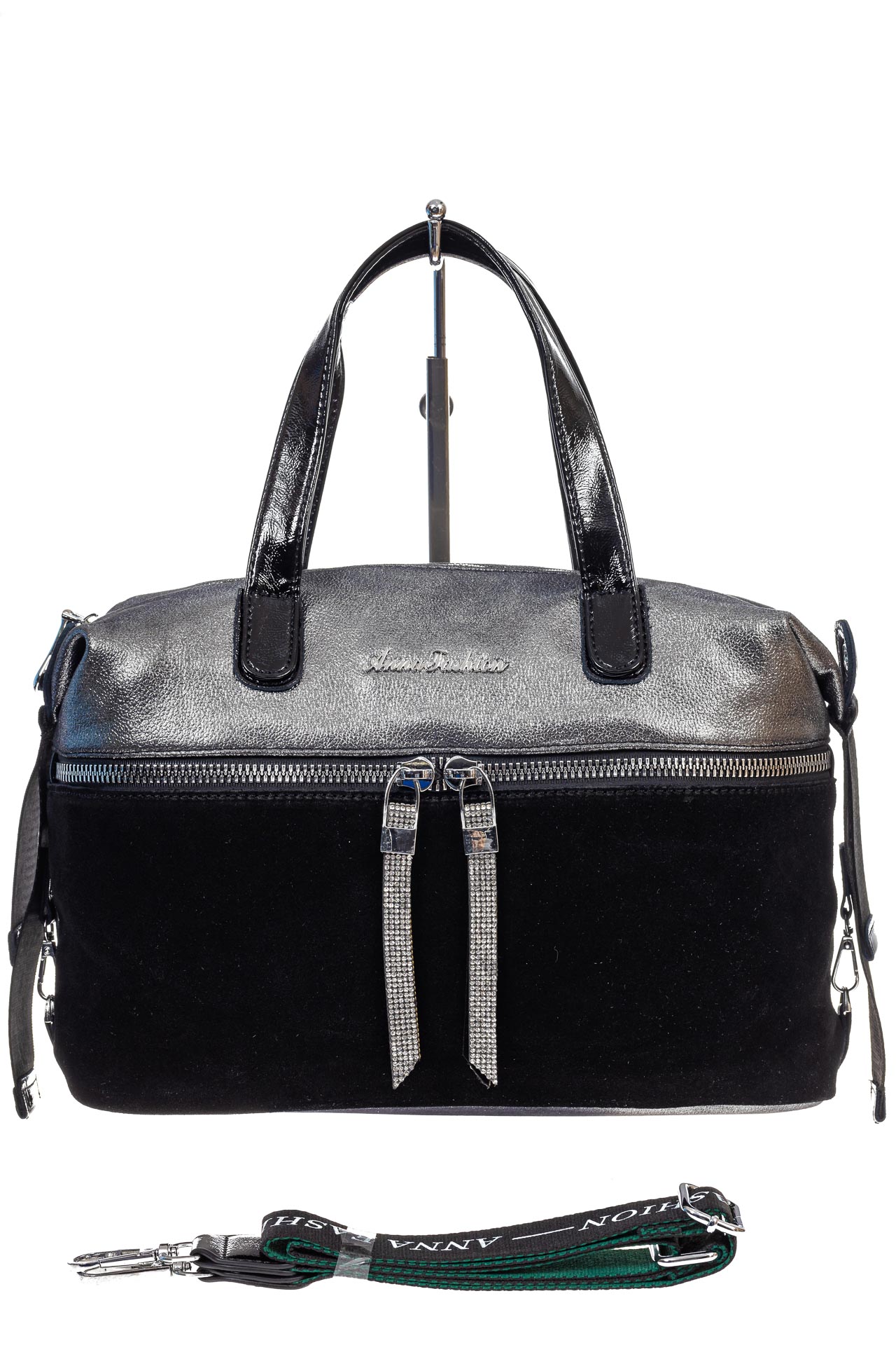 На фото 2 - Женская сумка хобо из натуральной замши и искусственной кожи, цвет серебро с черным