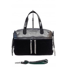 На фото 2 - Женская сумка хобо из натуральной замши и искусственной кожи, цвет серебро с черным