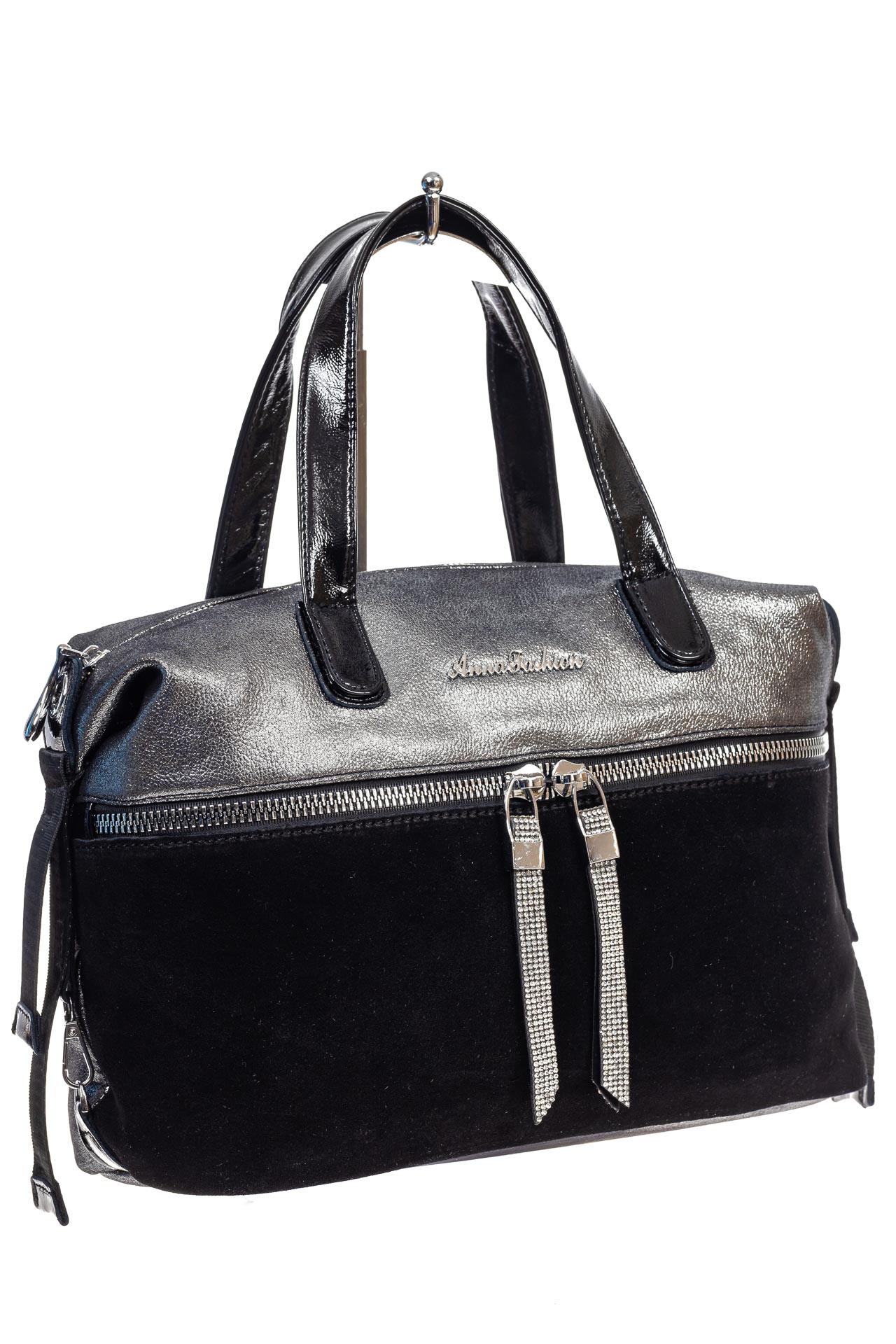 На фото 3 - Женская сумка хобо из натуральной замши и искусственной кожи, цвет серебро с черным