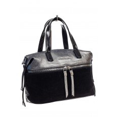 На фото 3 - Женская сумка хобо из натуральной замши и искусственной кожи, цвет серебро с черным
