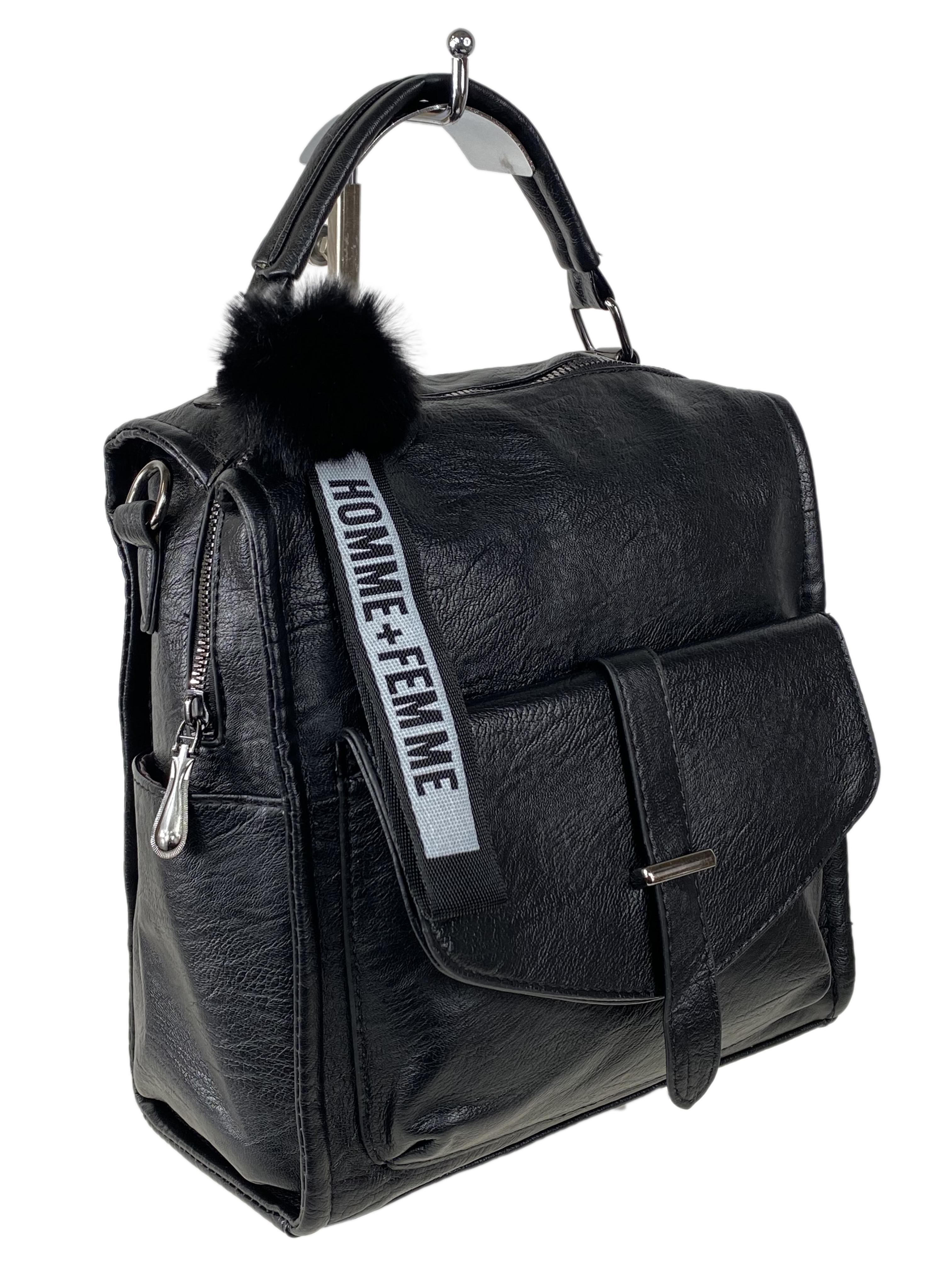 На фото 1 - Компактная сумка-рюкзак  из искусственной кожи, цвет  черный