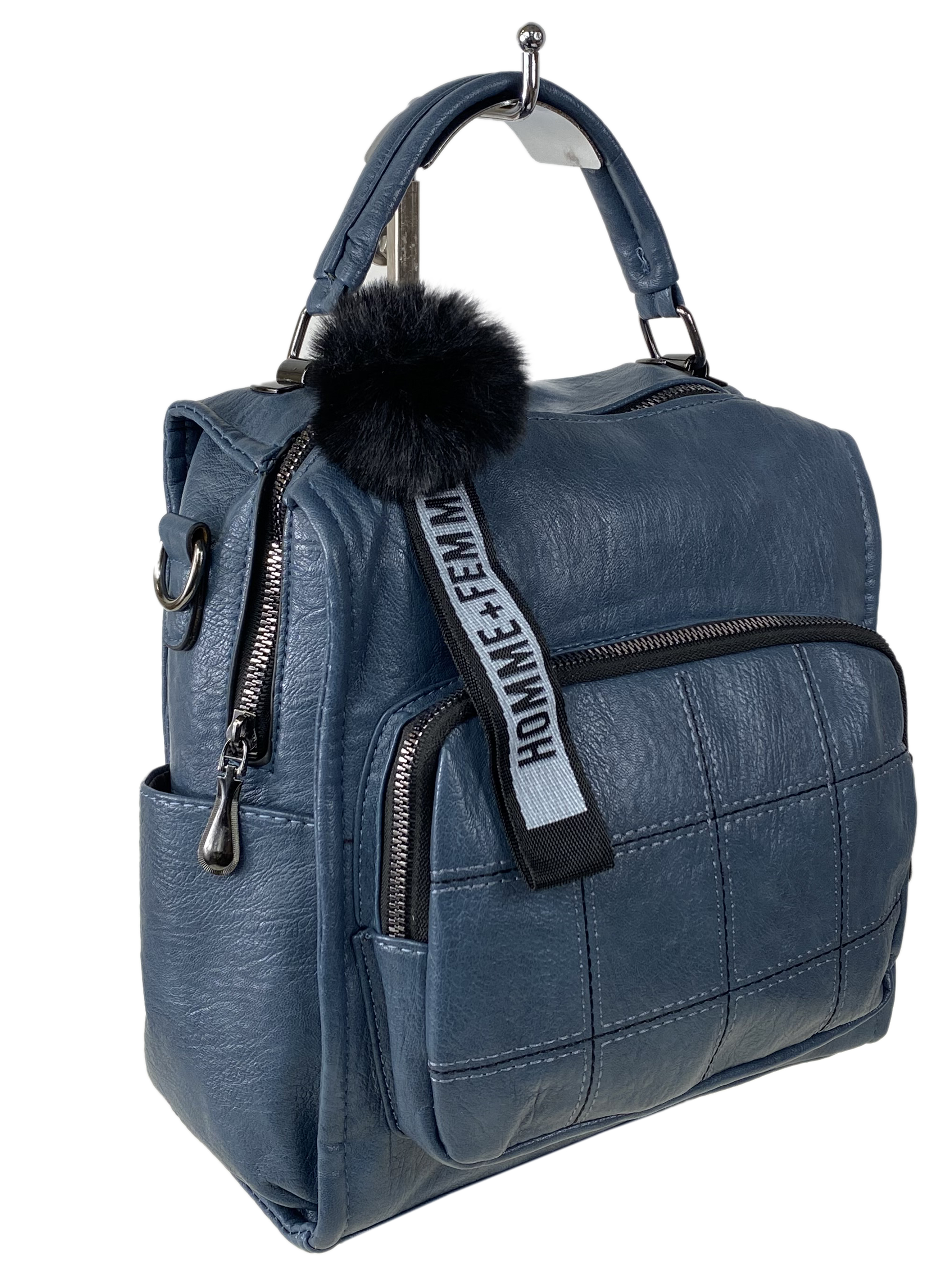 На фото 1 - Компактная сумка-рюкзак  из искусственной кожи, цвет синий