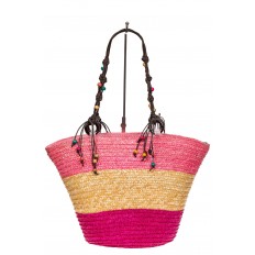 На фото 3 - Женская сумка-ведерко из соломы, цвет бежево-розовый