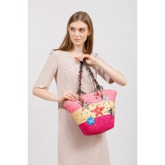 На фото 5 - Женская сумка-ведерко из соломы, цвет бежево-синий