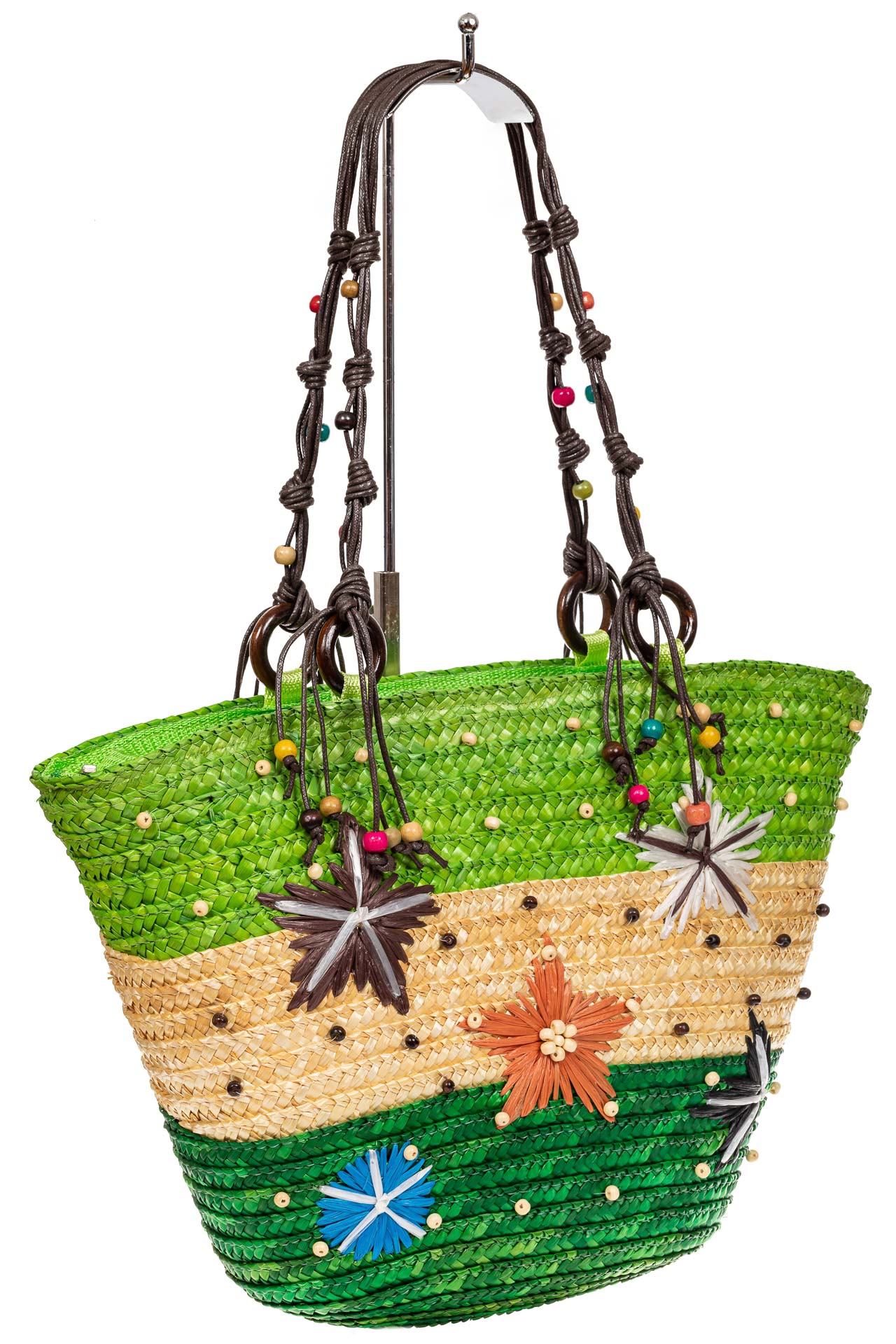 На фото 1 - Женская сумка-ведерко из соломы, цвет бежево-зеленый
