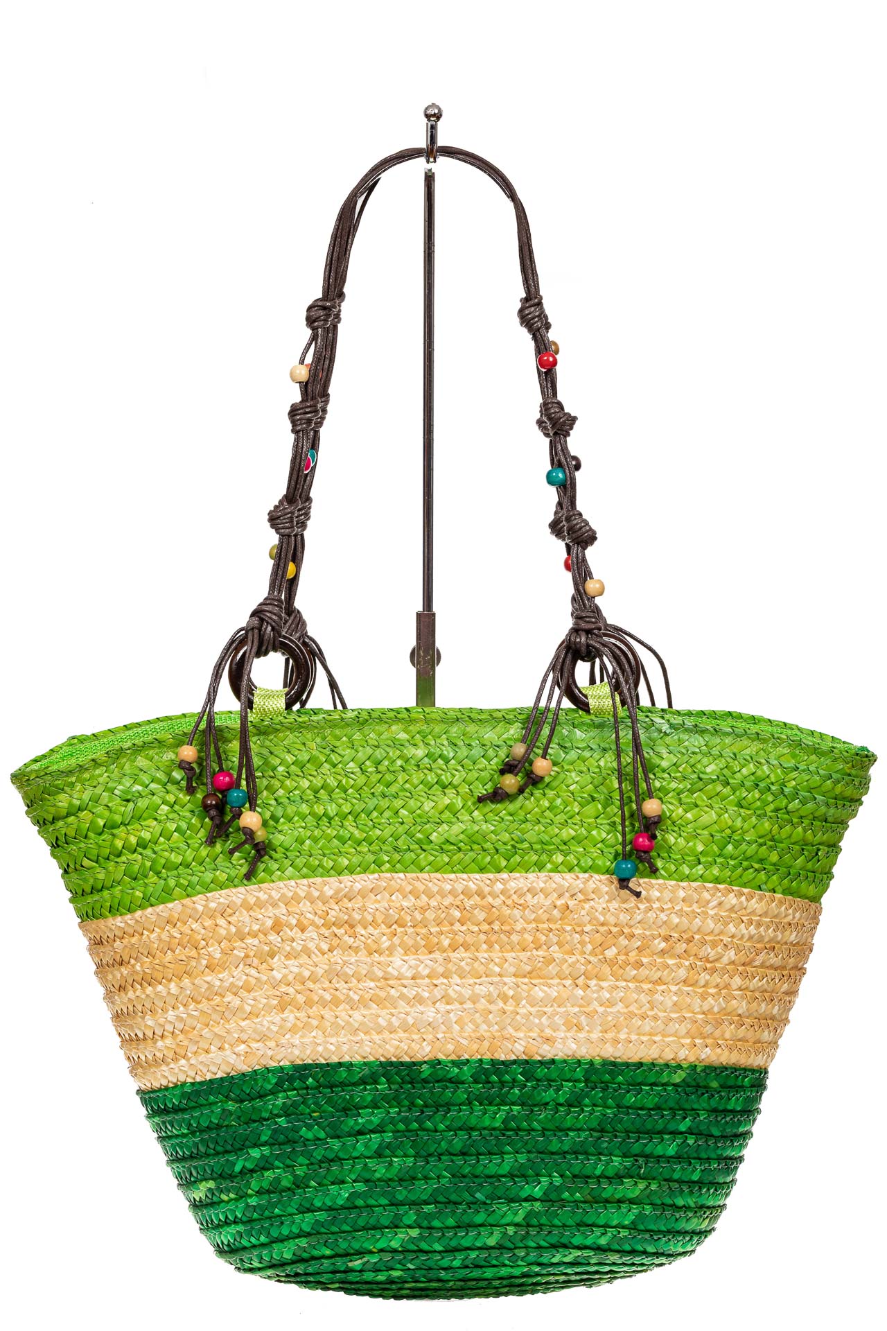 На фото 3 - Женская сумка-ведерко из соломы, цвет бежево-зеленый