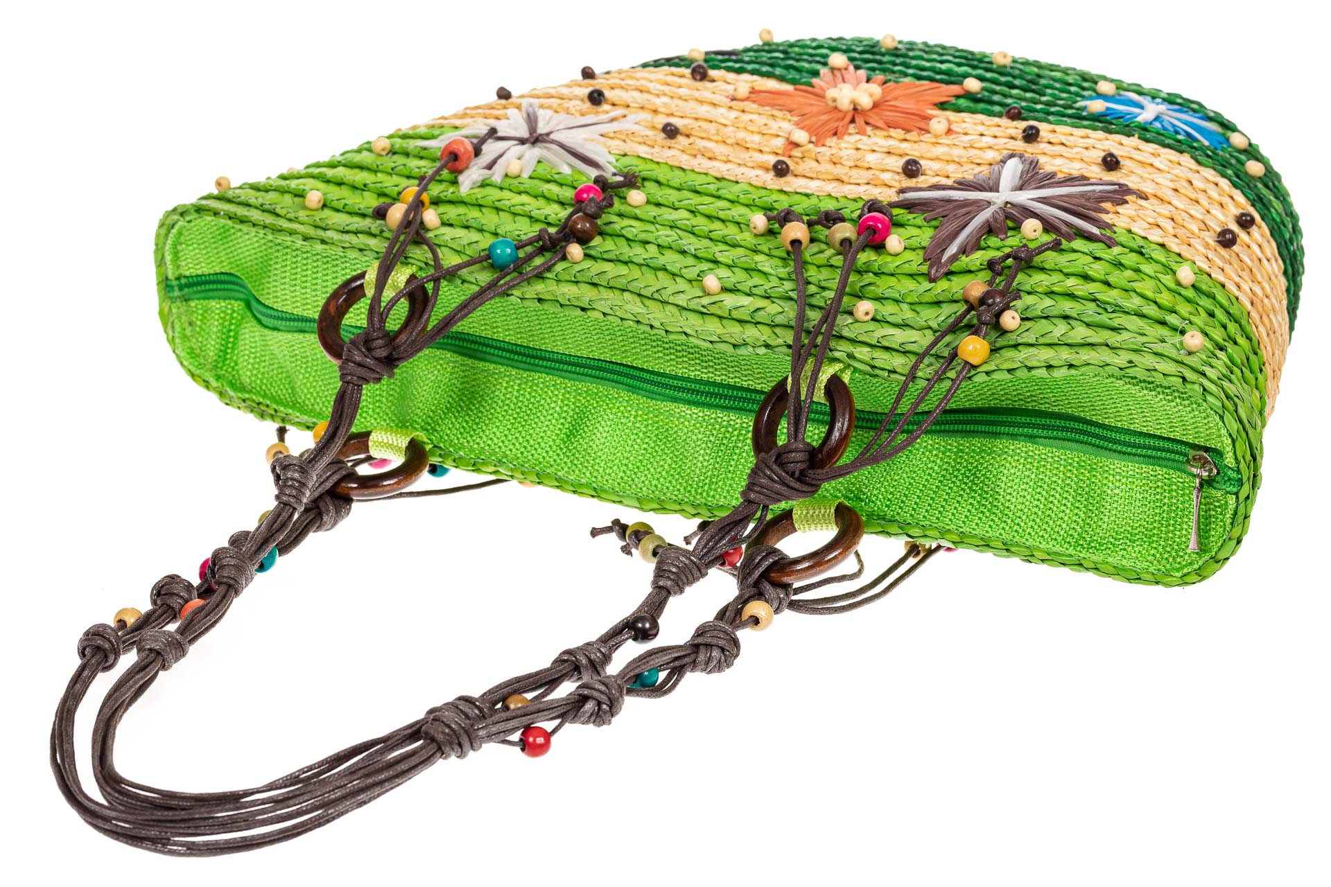 На фото 4 - Женская сумка-ведерко из соломы, цвет бежево-зеленый