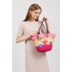 На фото 5 - Женская сумка-ведерко из соломы, цвет бежево-зеленый
