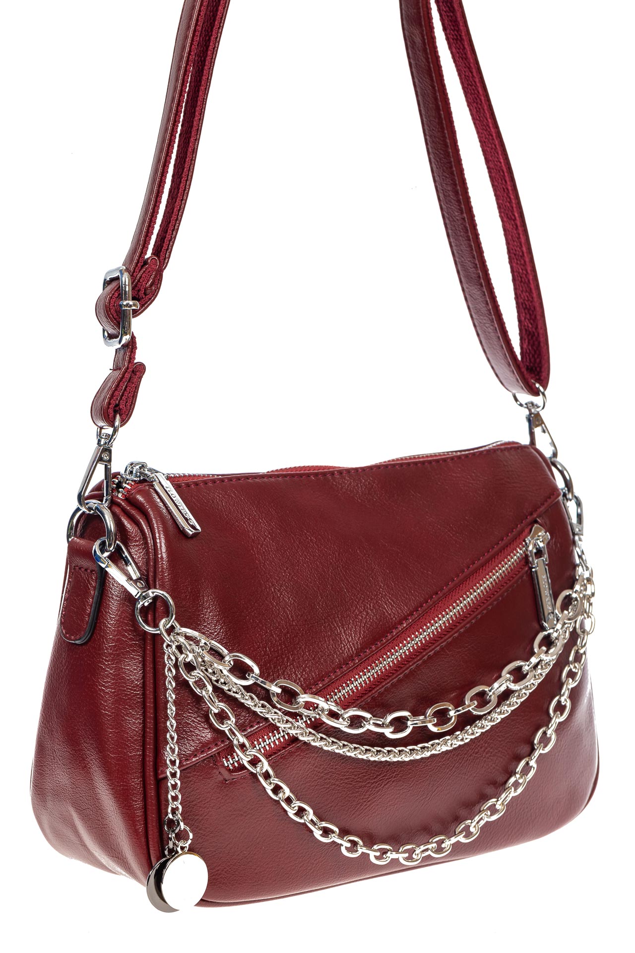 На фото 2 - Женская сумка кросс-боди из искусственной кожи с цепочками, цвет бордо