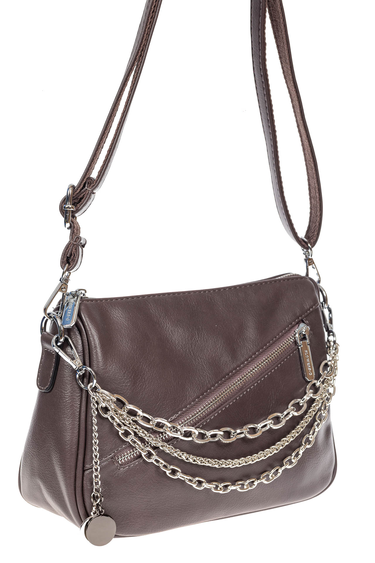 На фото 2 - Женская сумка кросс-боди из искусственной кожи с цепочками, цвет коричневый