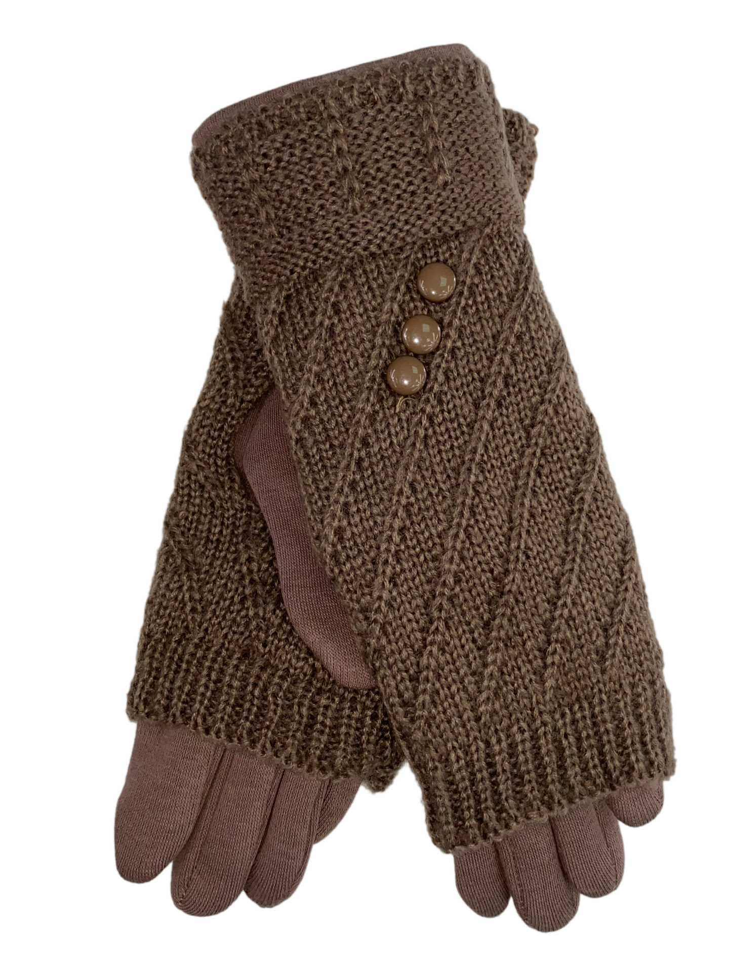 На фото 1 - Женские текстильные перчатки с шерстяными митенками, цвет какао