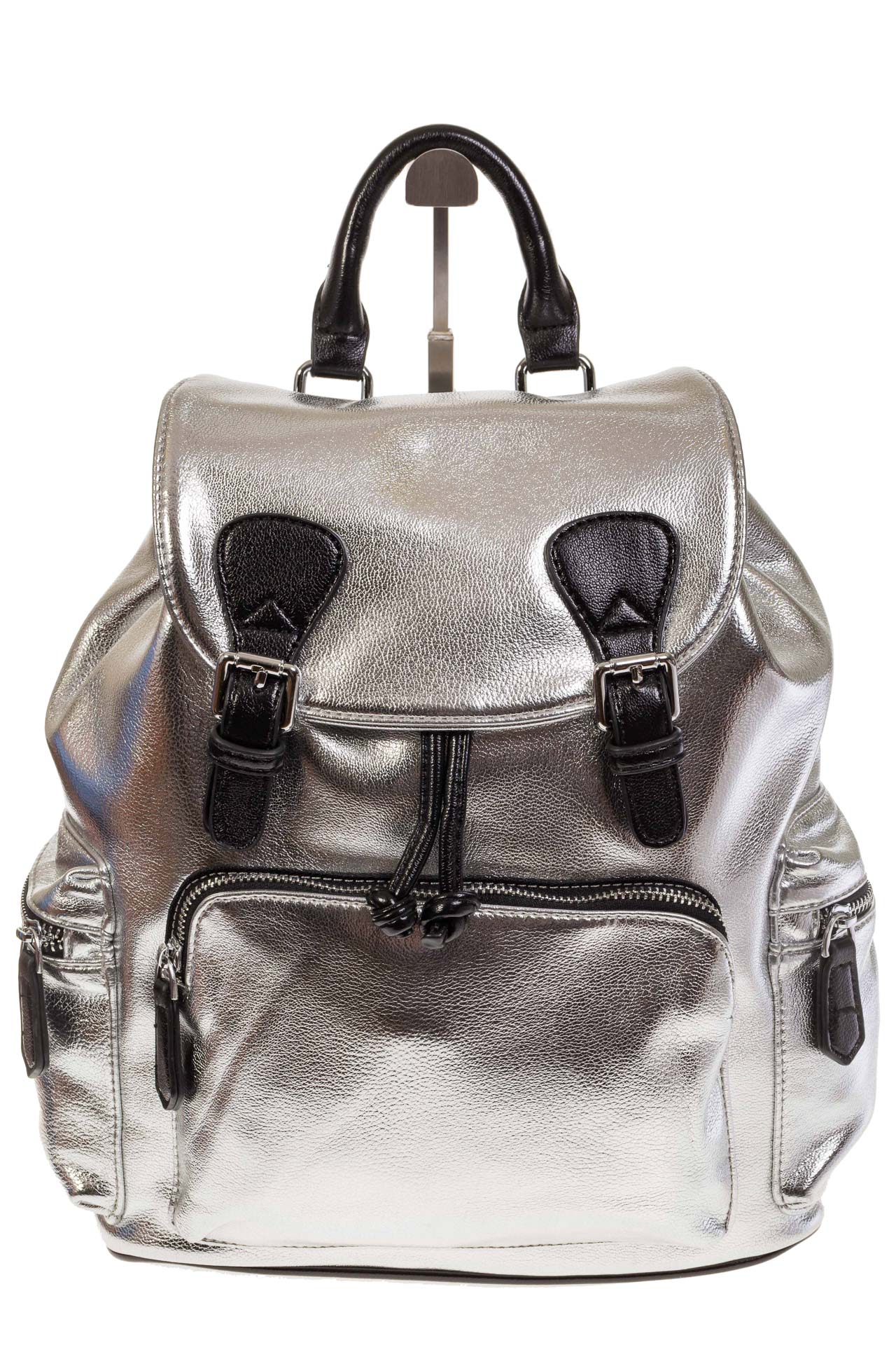 На фото 2 - Рюкзак-портфель из искусственной кожи серебристого цвета