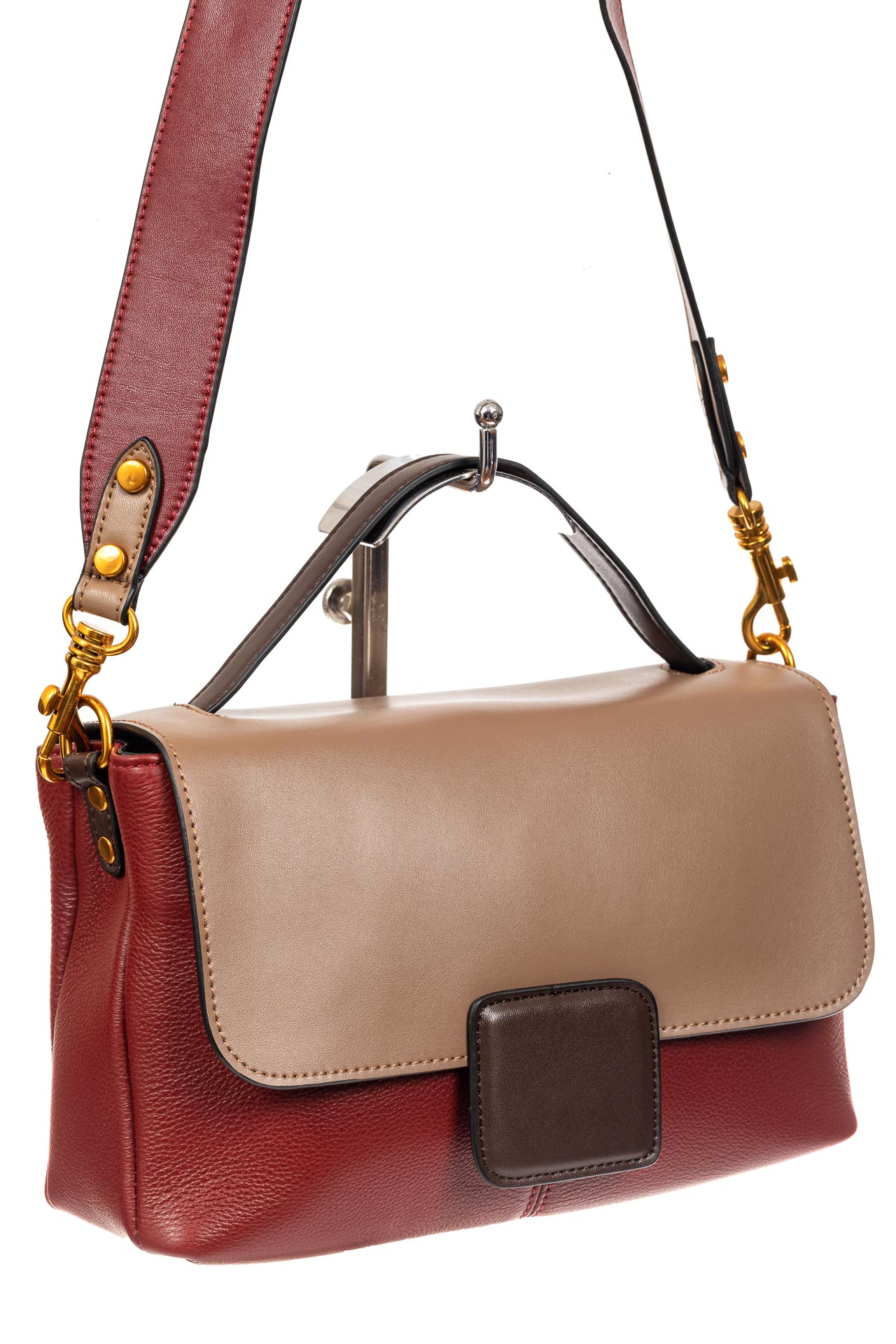 На фото 1 - Классическая женская сумка кожа, цвет бордовый с коричневым