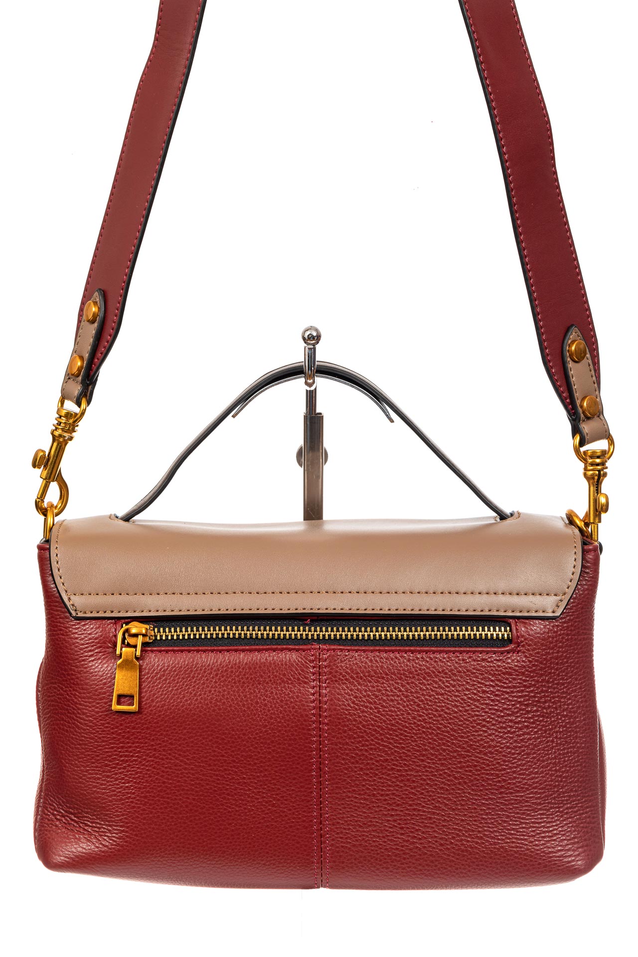 На фото 3 - Классическая женская сумка кожа, цвет бордовый с коричневым