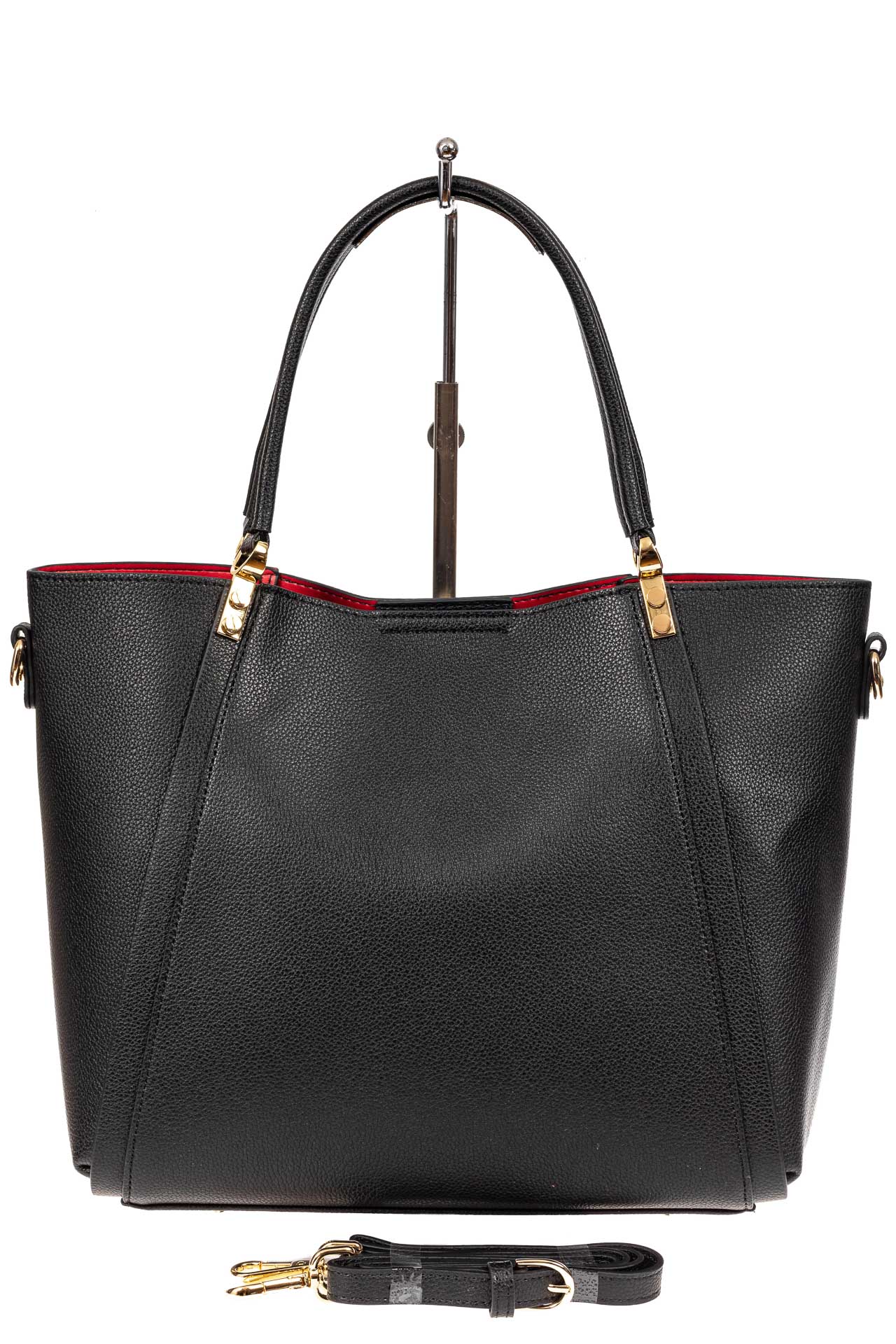 На фото 3 - Кожаная стильная сумка шоппер с замком-кольцом, цвет черный