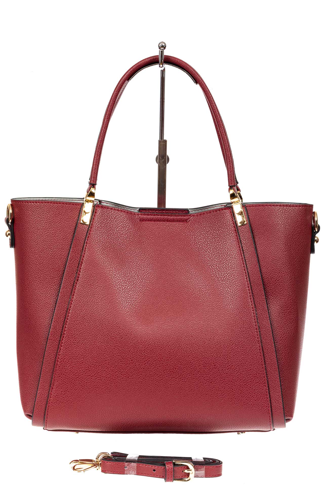На фото 3 - Кожаная стильная сумка шоппер с замком-кольцом, цвет красный