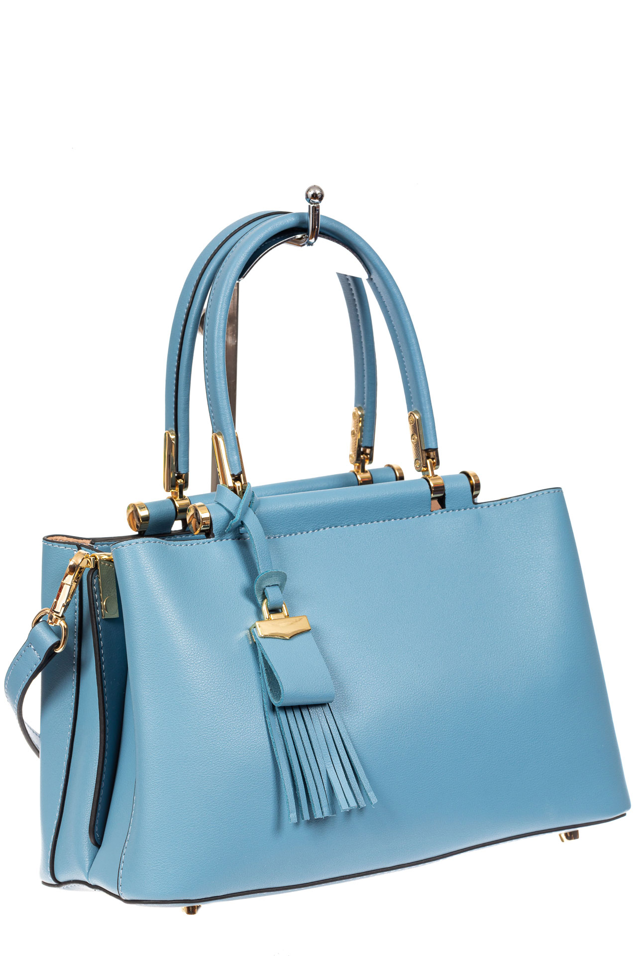 На фото 1 - Кожаная женская сумка тоут, цвет голубой