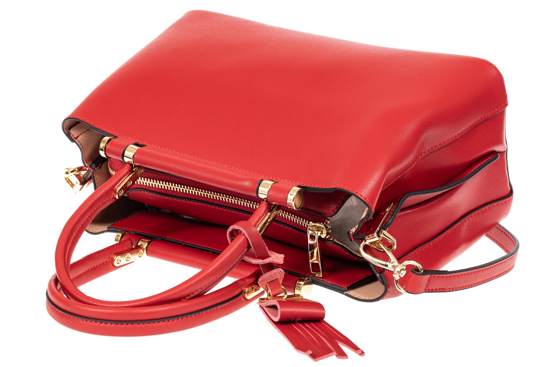 На фото 4 - Кожаная женская сумка тоут с подвеской-кисточкой, цвет красный