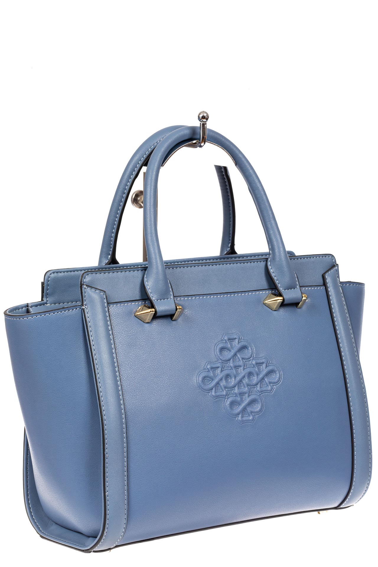 На фото 1 - Кожаная женская сумка-трапеция, цвет голубой