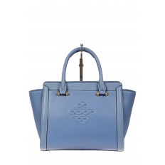 На фото 2 - Кожаная женская сумка-трапеция, цвет голубой