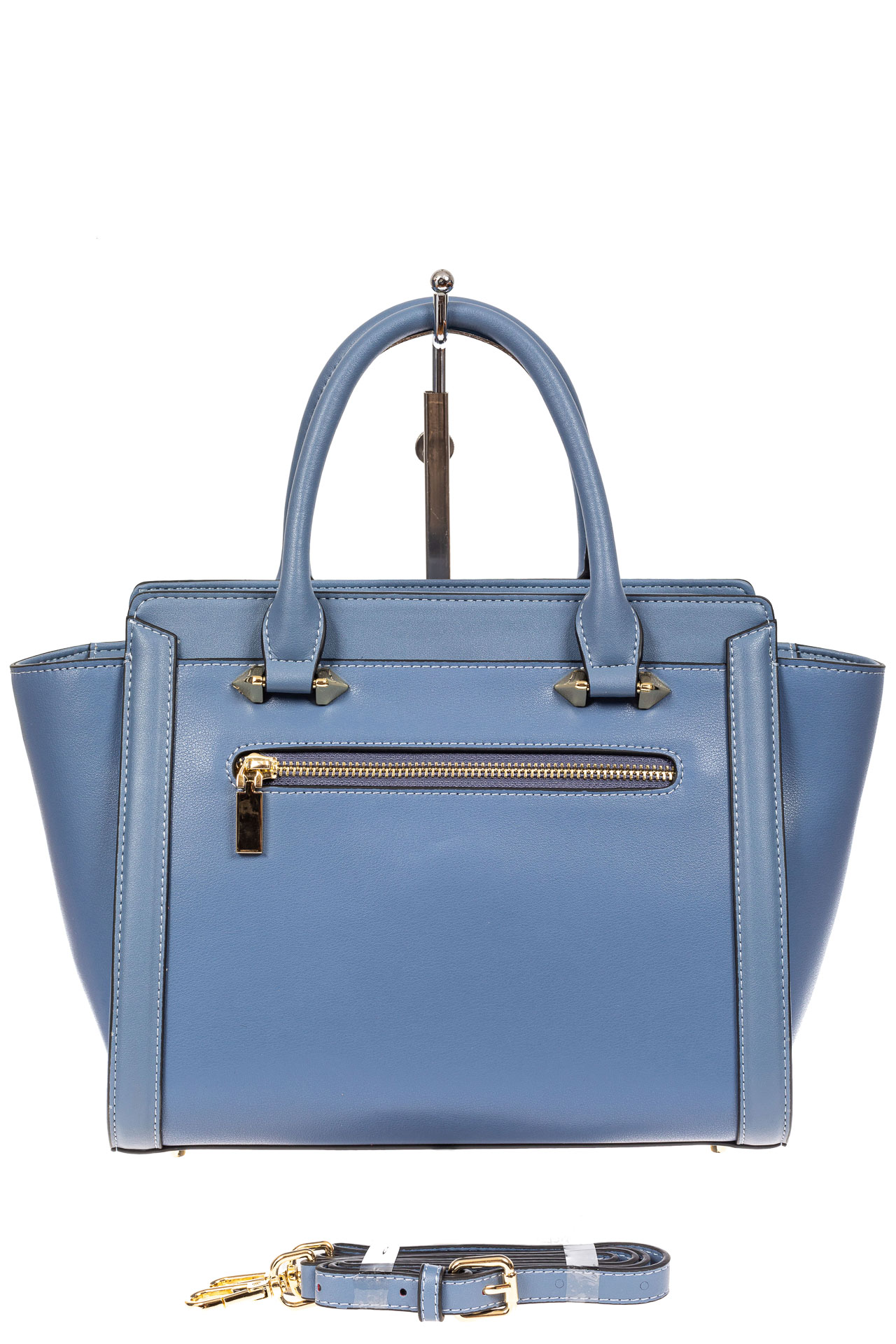 На фото 3 - Кожаная женская сумка-трапеция, цвет голубой