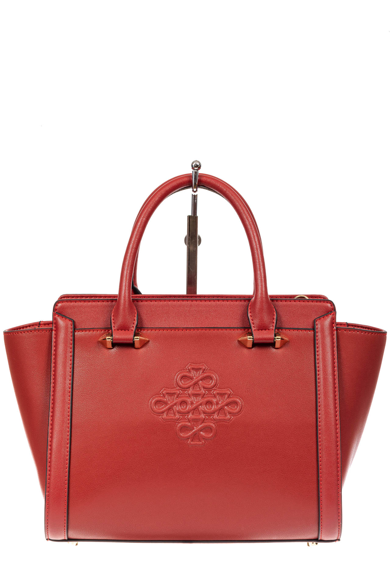 На фото 2 - Кожаная женская сумка-трапеция, цвет красный