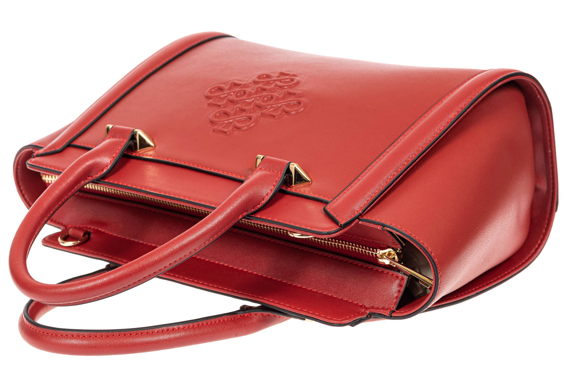 На фото 4 - Кожаная женская сумка-трапеция, цвет красный