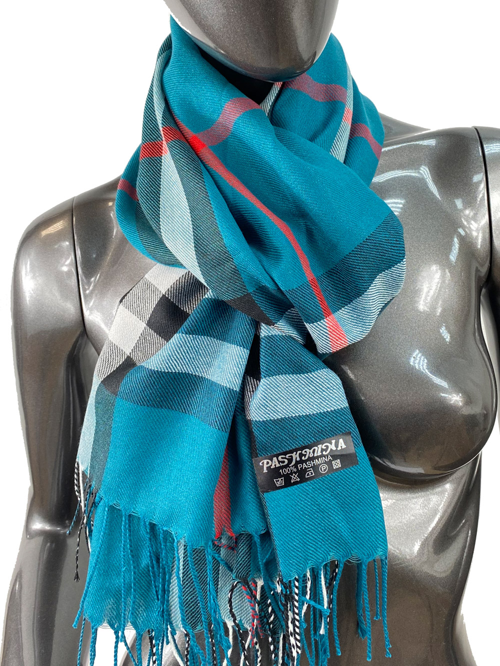 Кашемировый шарф-палантин с бахромой в клетку, цвет бирюзовый