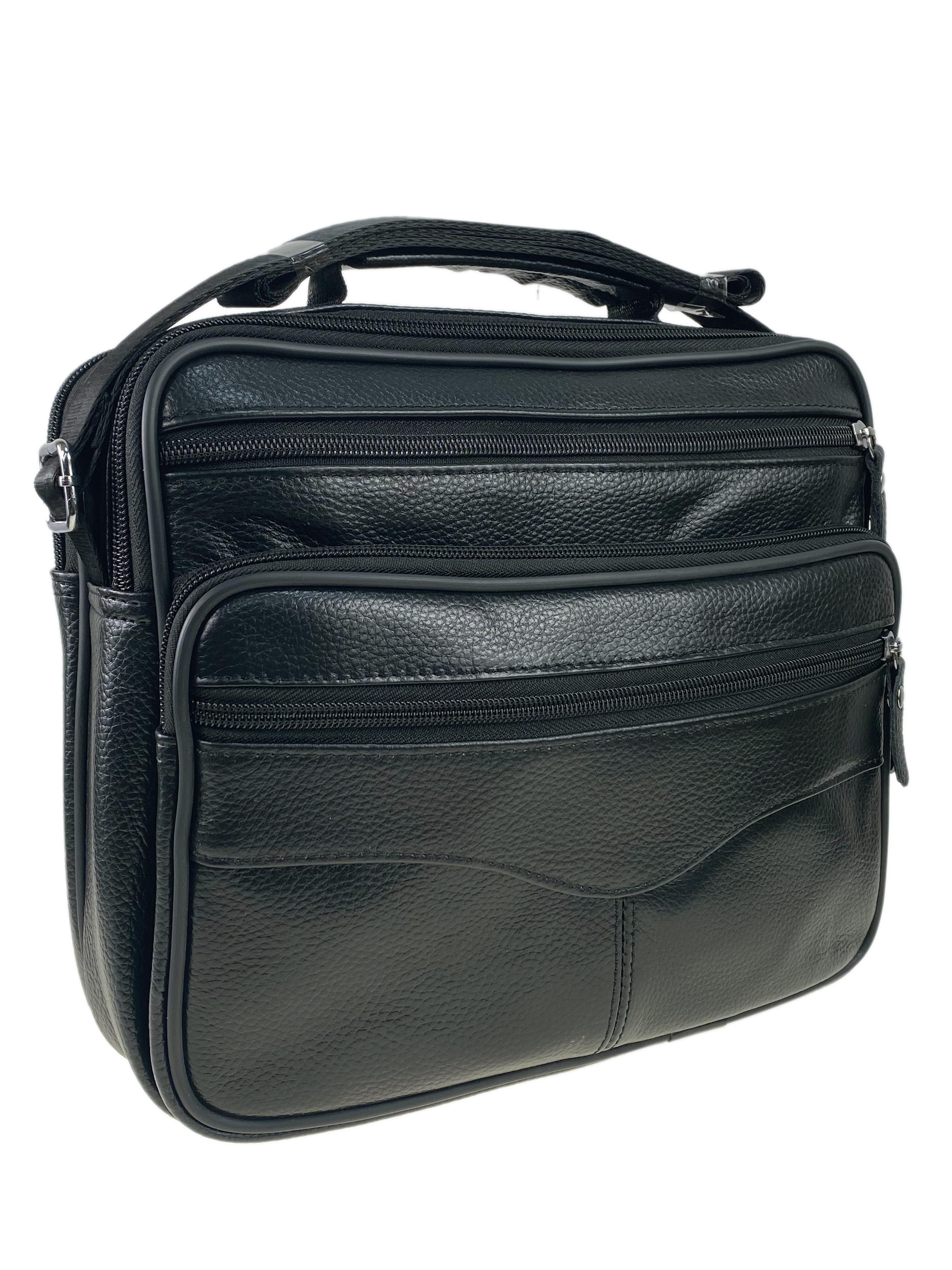На фото 1 - Кожаная мужская сумка для документов через плечо, чёрная