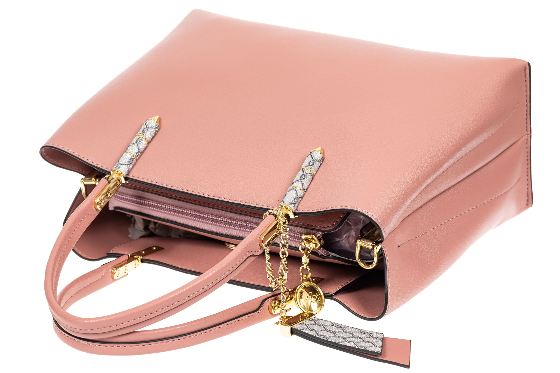 На фото 4 - Женская сумка тоут из кожзама с подвеской, цвет розовый