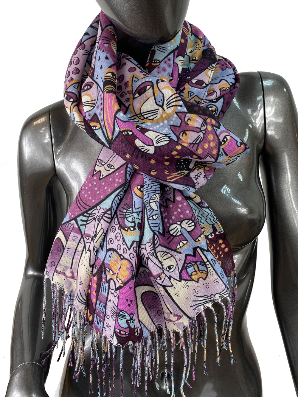 Хлопковый шарф-палантин с кошками, мультицвет