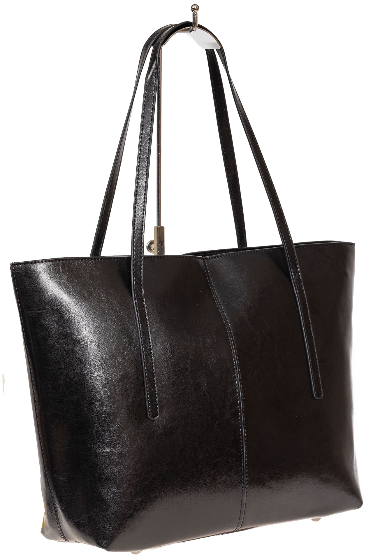 На фото 1 - Кожаная сумка-трапеция, цвет чёрный