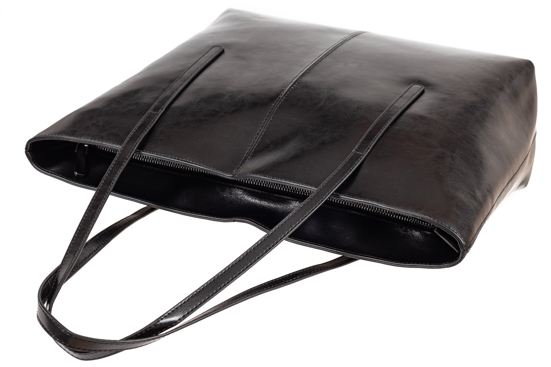На фото 4 - Кожаная сумка-трапеция, цвет чёрный