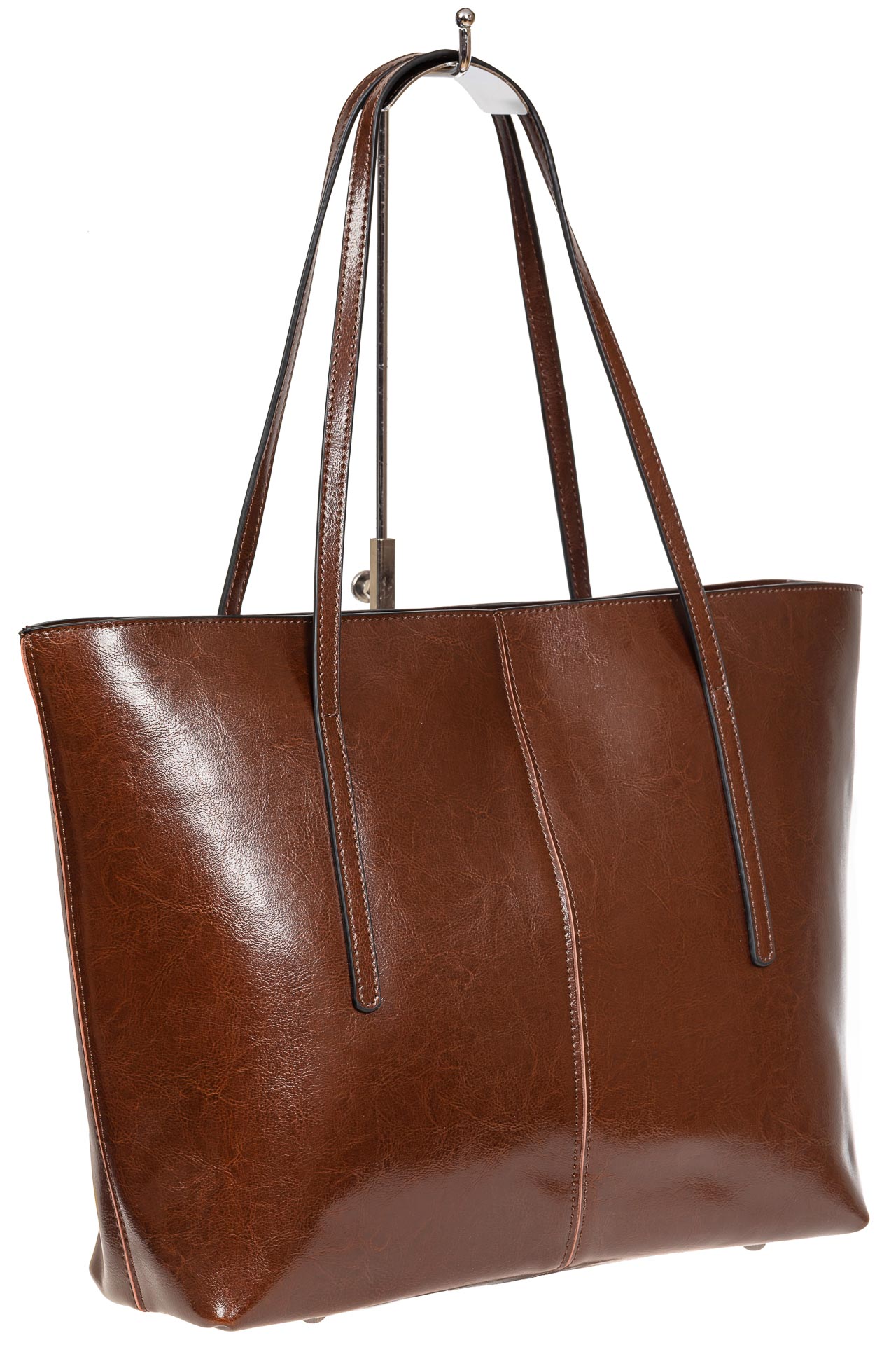 На фото 1 - Кожаная сумка-трапеция, цвет коричневый