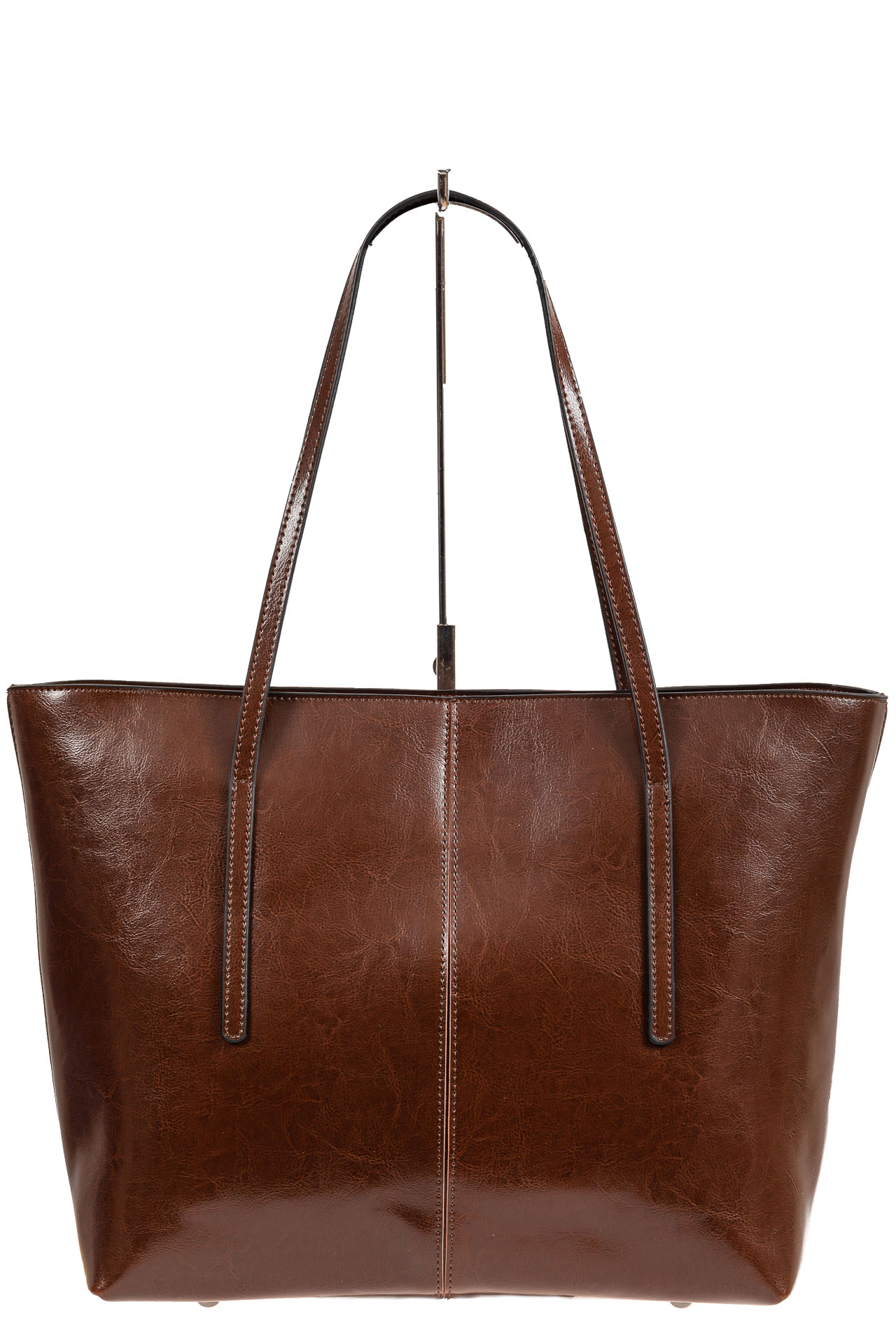 На фото 2 - Кожаная сумка-трапеция, цвет коричневый
