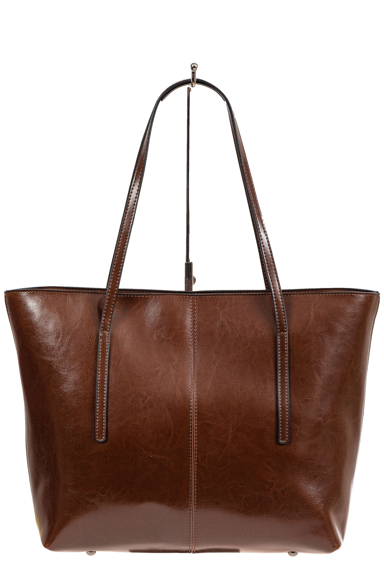 На фото 3 - Кожаная сумка-трапеция, цвет коричневый