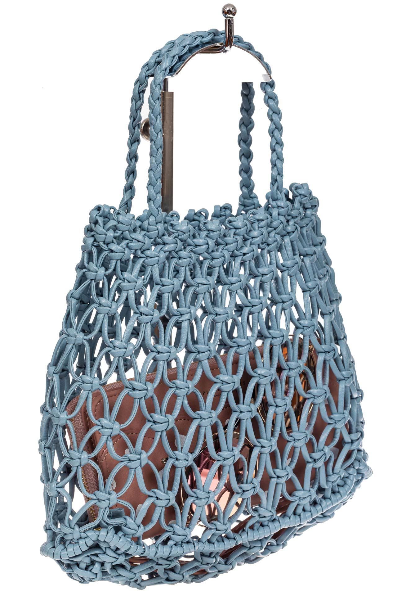 На фото 1 - Женская плетеная сумка-авоська из эко-кожи, цвет голубой