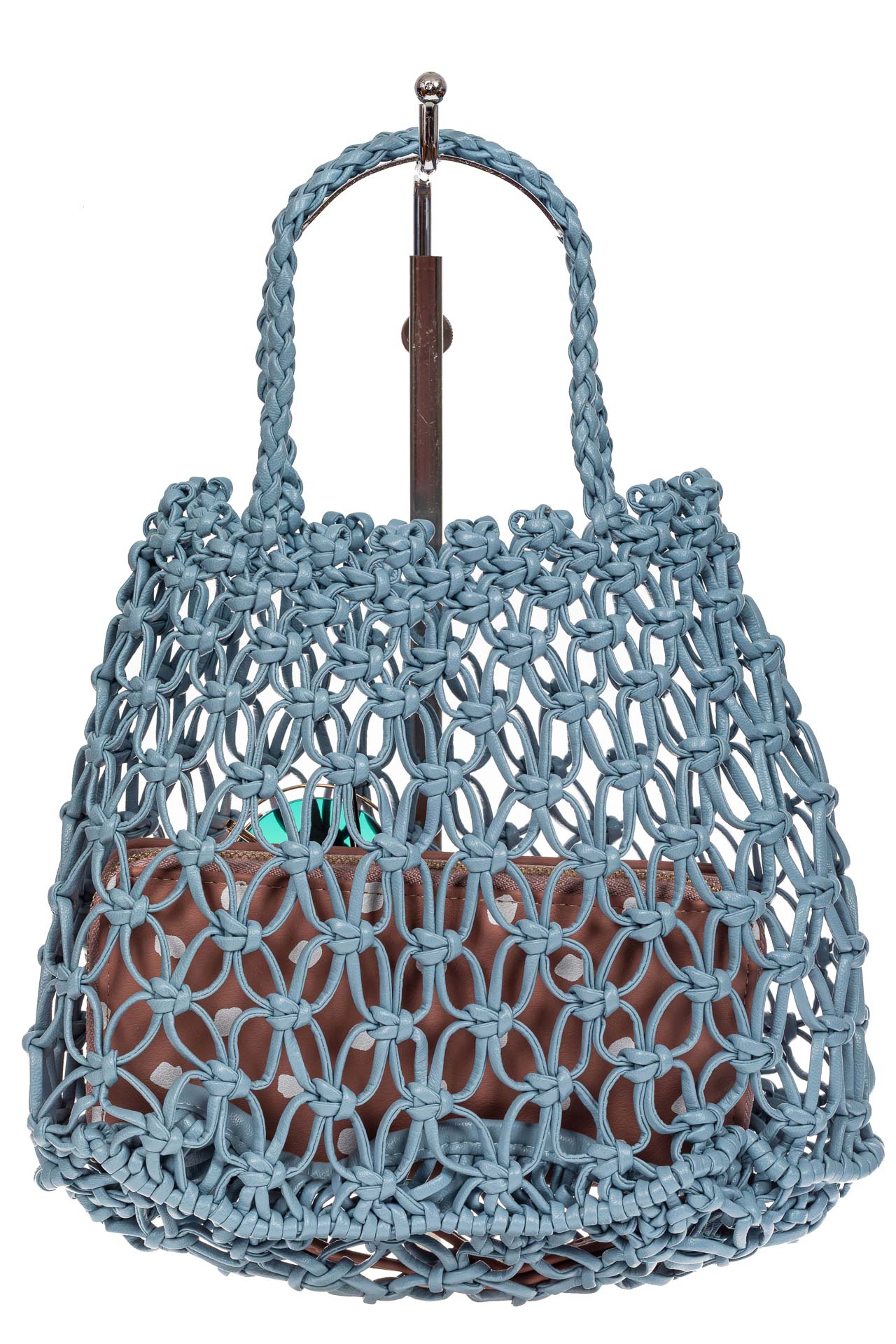 На фото 3 - Женская плетеная сумка-авоська из эко-кожи, цвет голубой