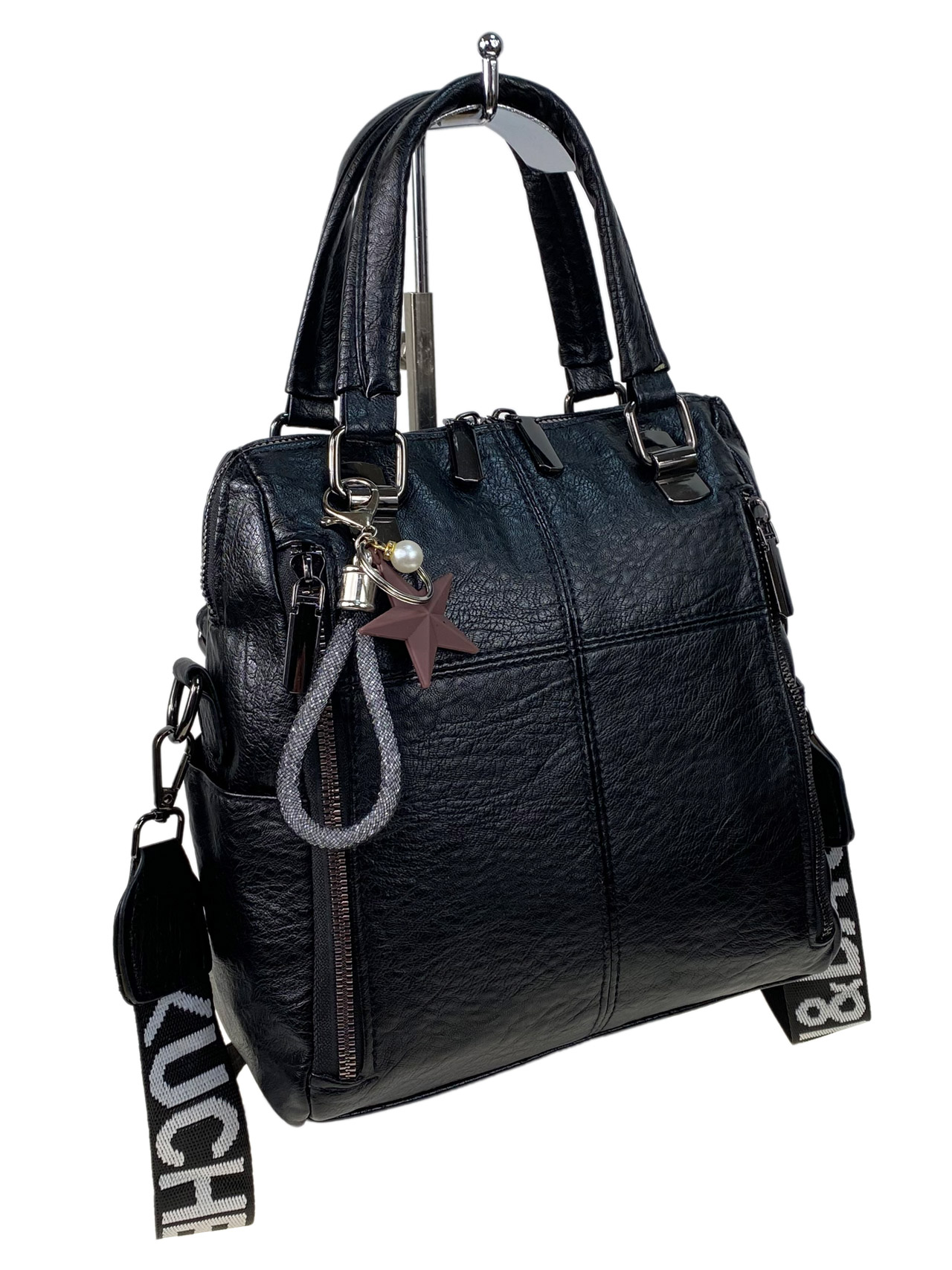 На фото 1 - Женская сумка-рюкзак трансформер из искусственной кожи цвет черный