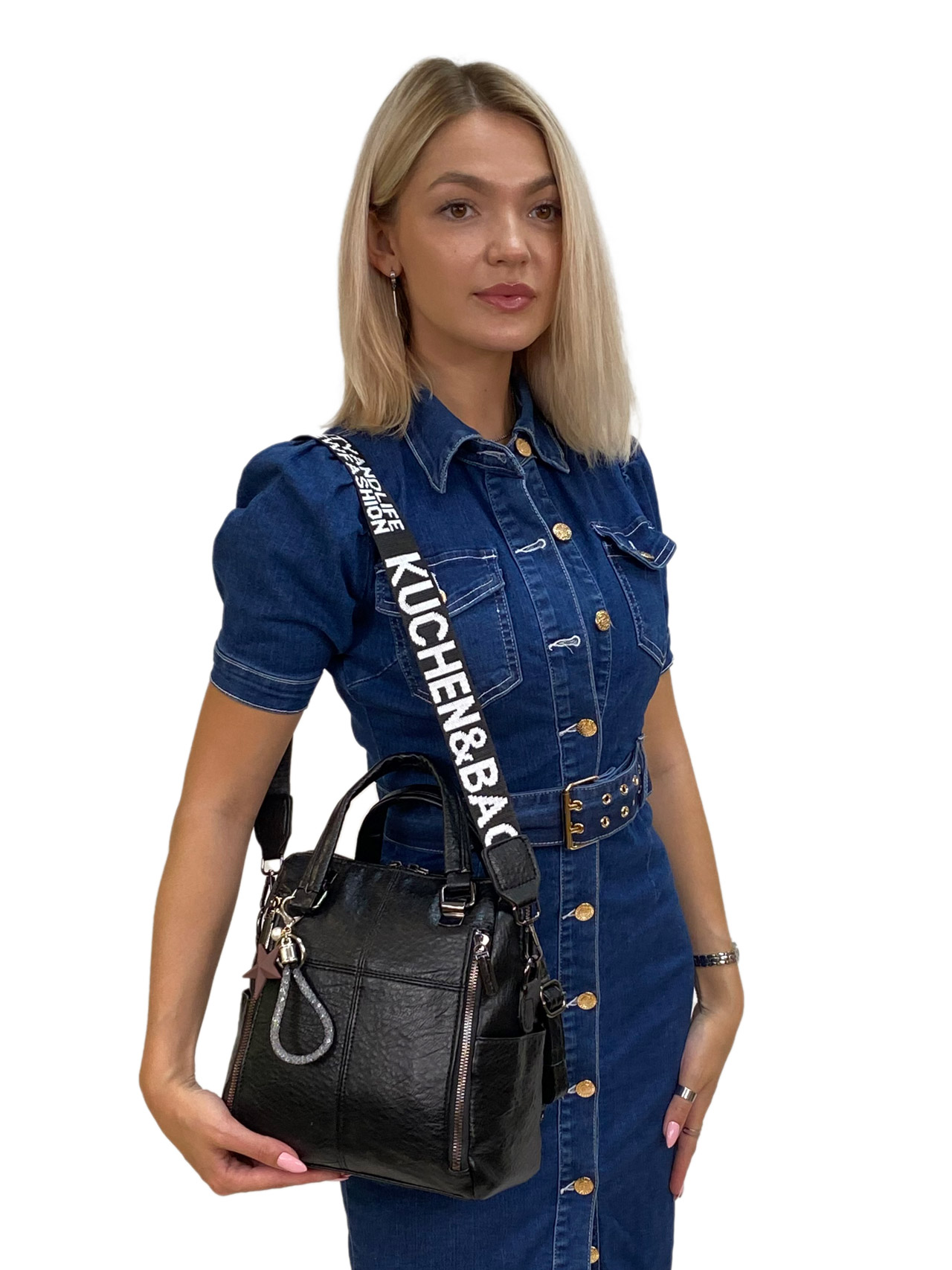 На фото 3 - Женская сумка-рюкзак трансформер из искусственной кожи цвет черный