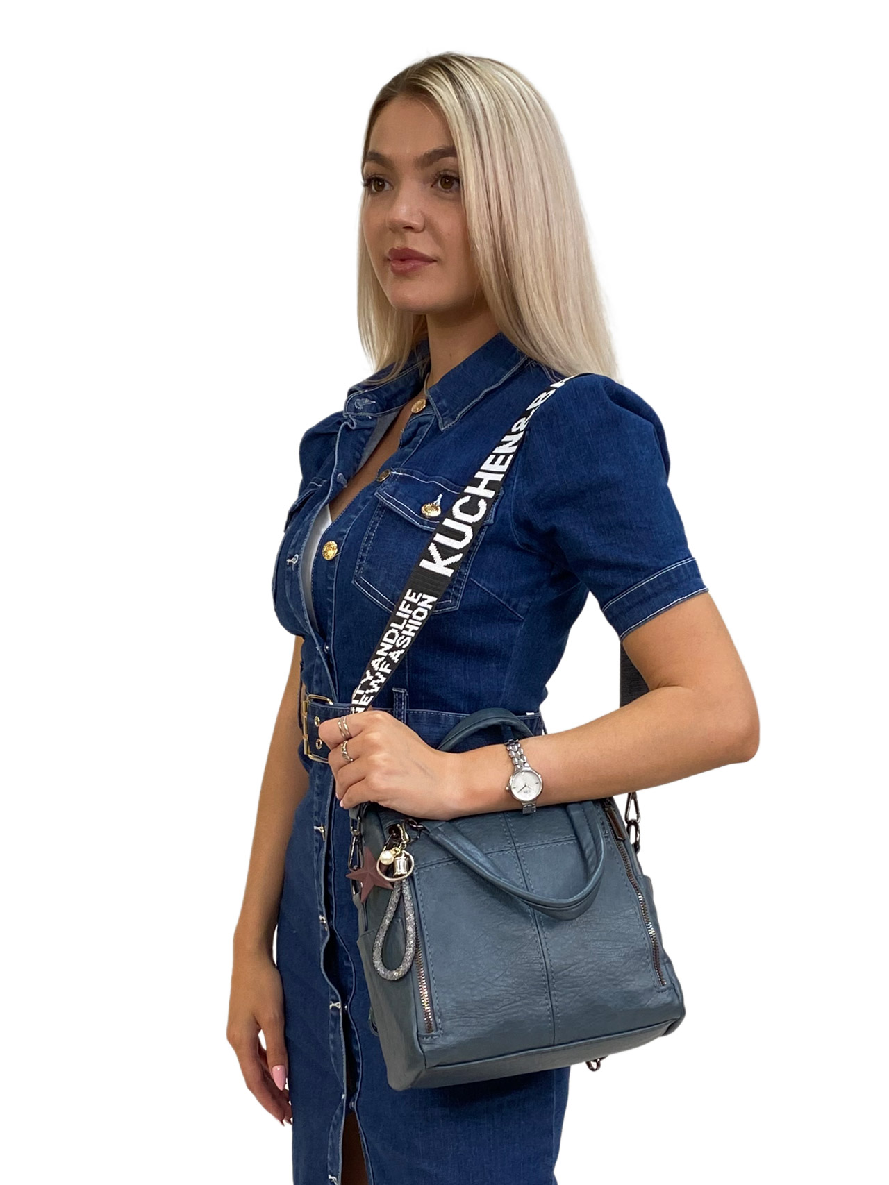 На фото 3 - Женская сумка-рюкзак трансформер из искусственной кожи цвет синий