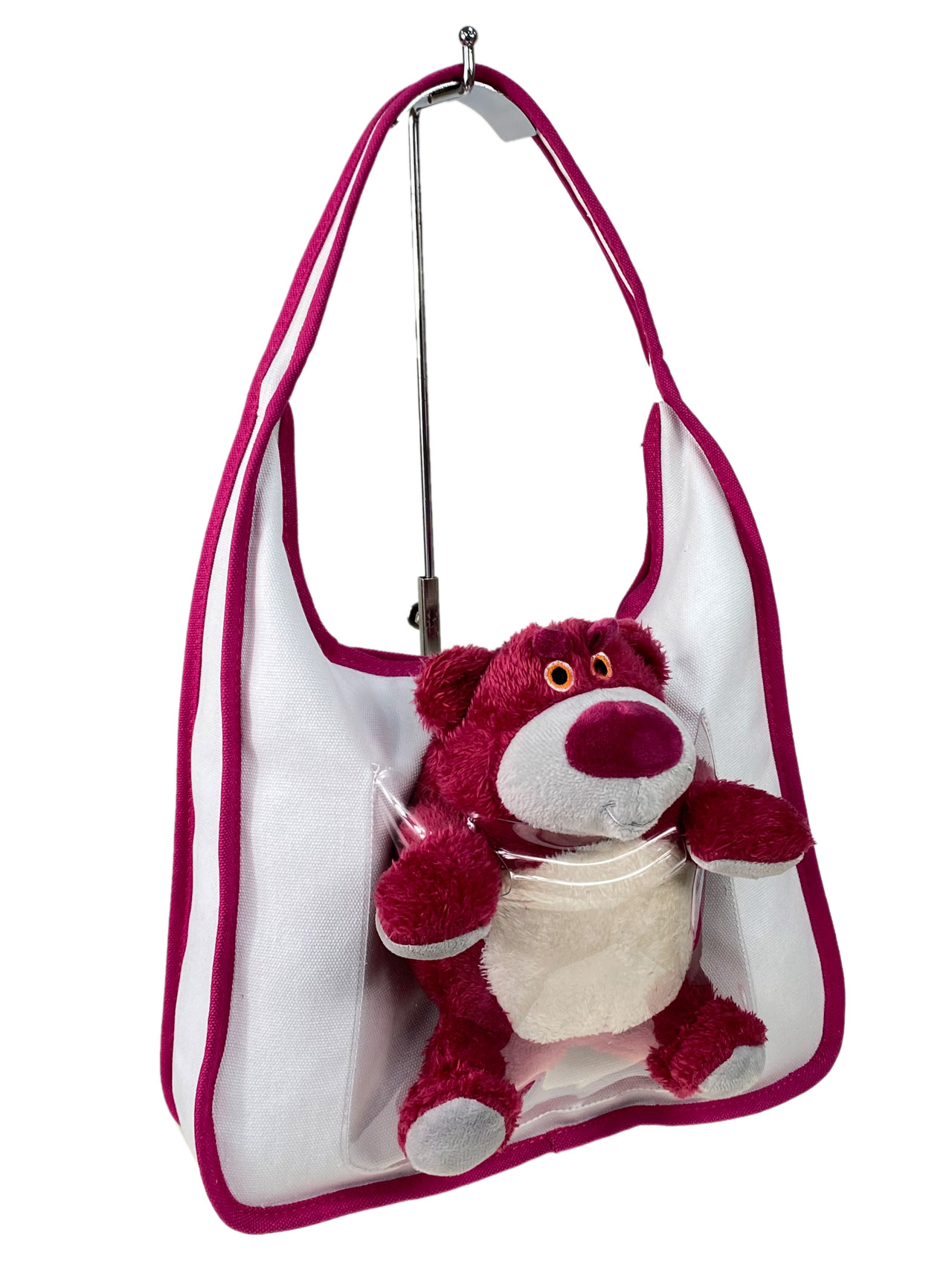 На фото 1 - Текстильная сумка с игрушкой, цвет белый с фуксией
