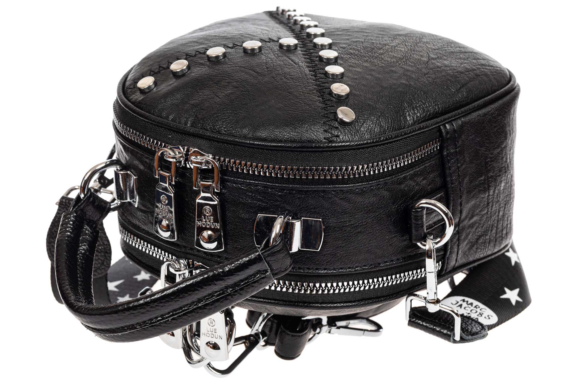 На фото 4 - Круглая сумка-рюкзак из искусственной кожи, цвет черный